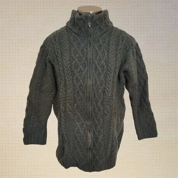 Classic Irish Cable Knit Zip Up Sweater Carraigdonn Merino Wool XL Unisex Warmt - Picture 1 of 8